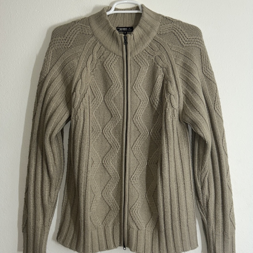 Herod Tan Cable Knit Wool Blend Zip-Front Cardigan
